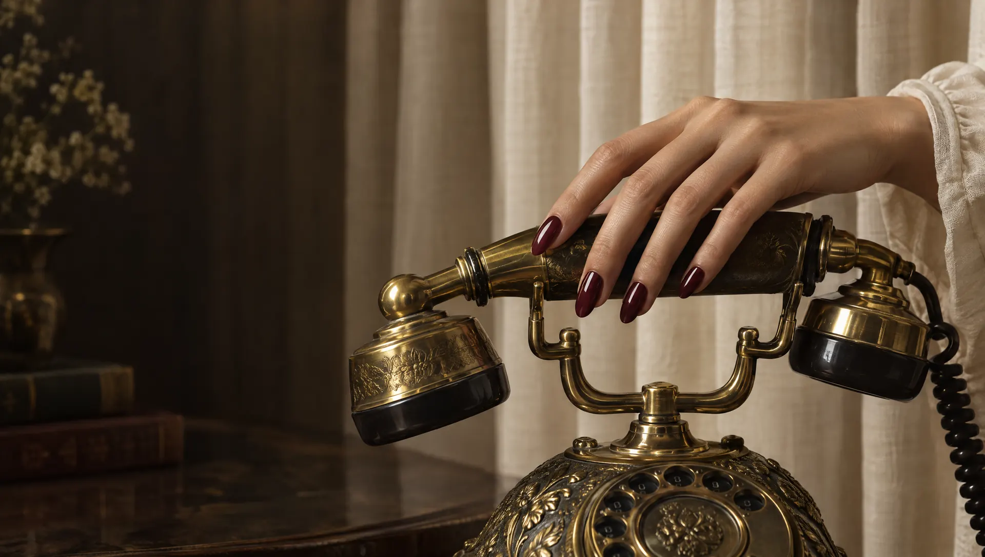 A cherry manicure resting on a vintage brass telephone