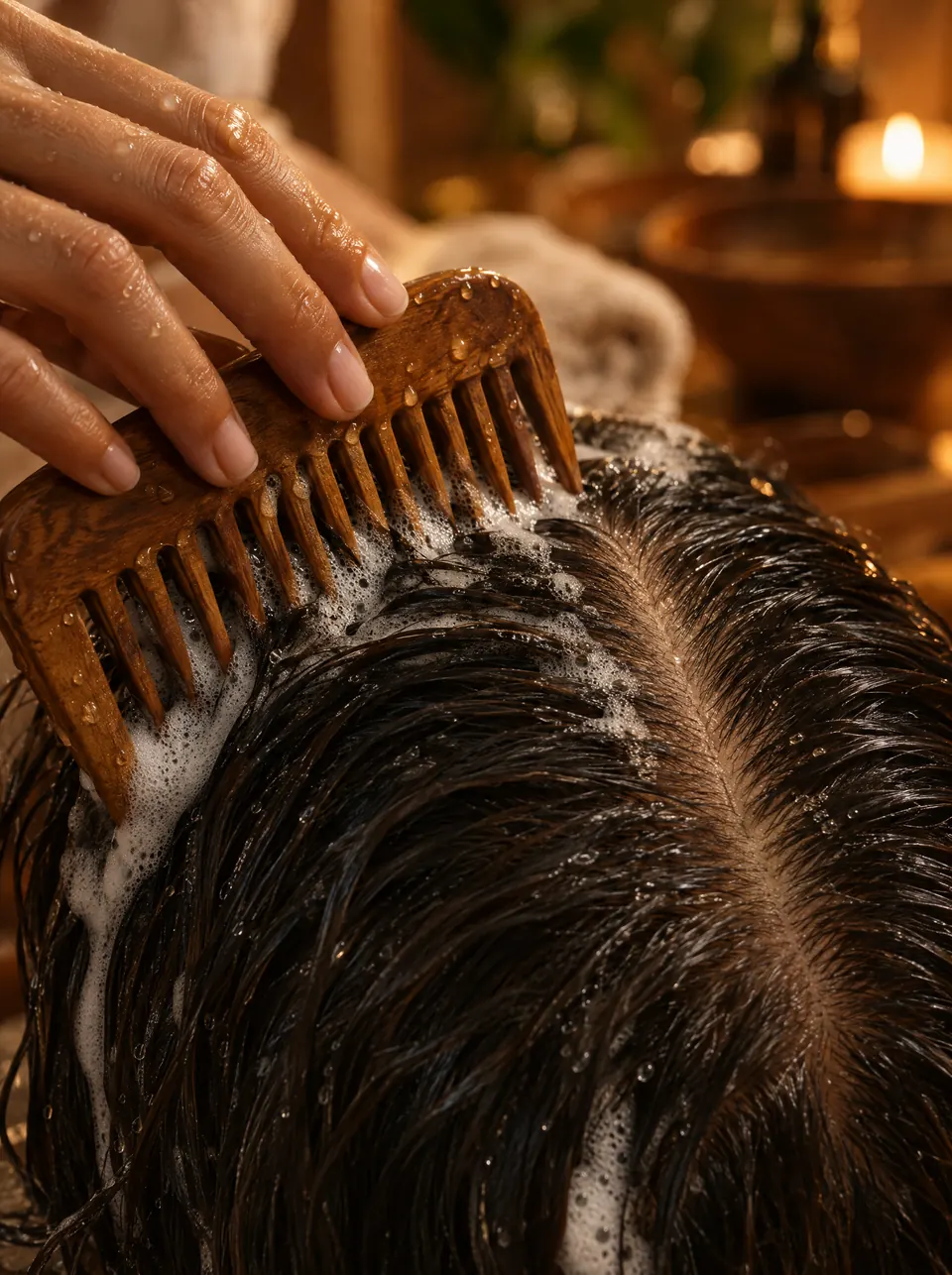 A wooden comb parting damp hair at the scalp during the head spa