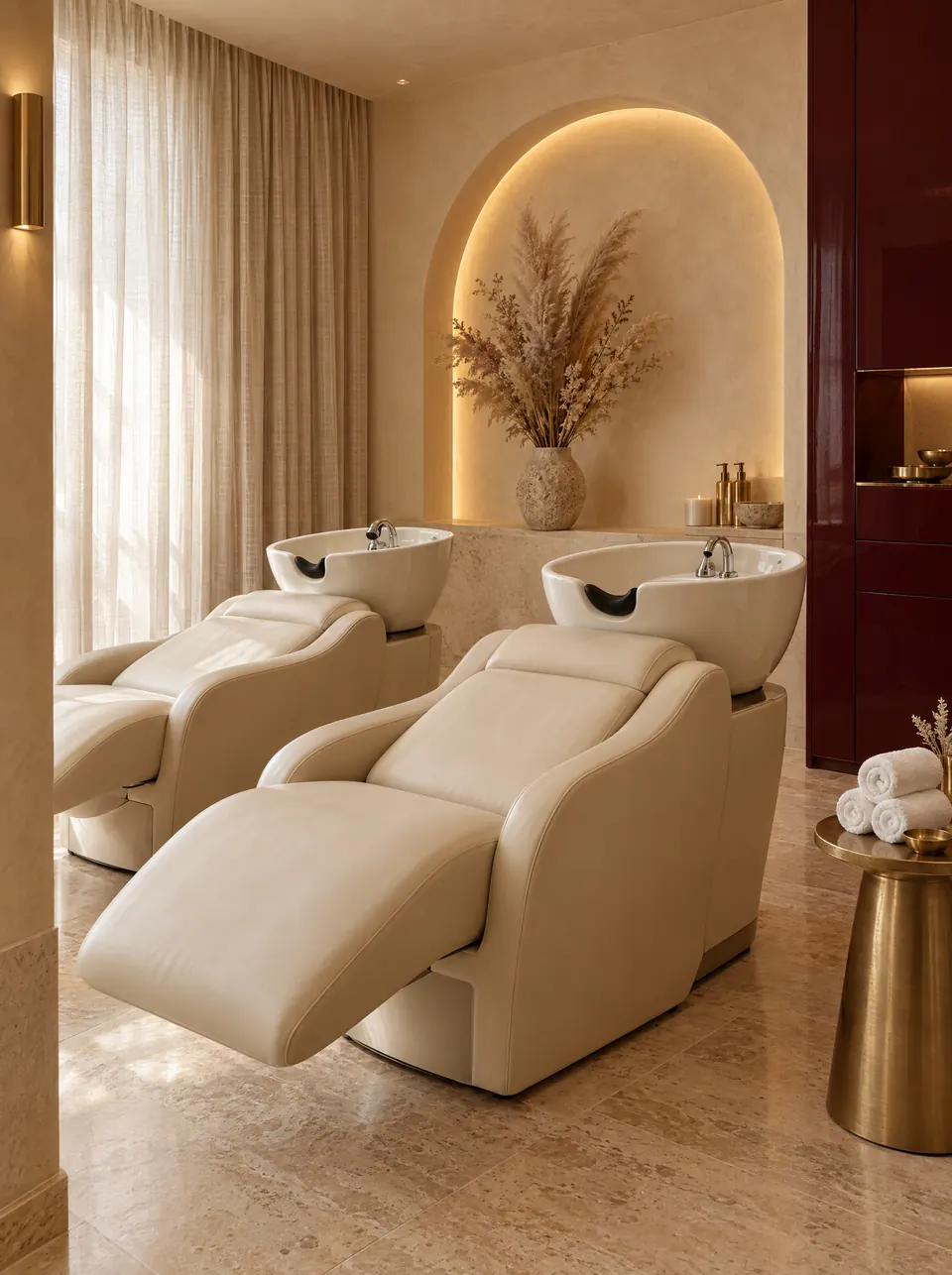 The head spa room with two ceramic basins and a glowing arched niche