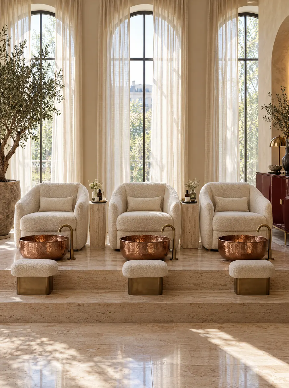 Pedicure thrones with copper basins beneath tall arched windows