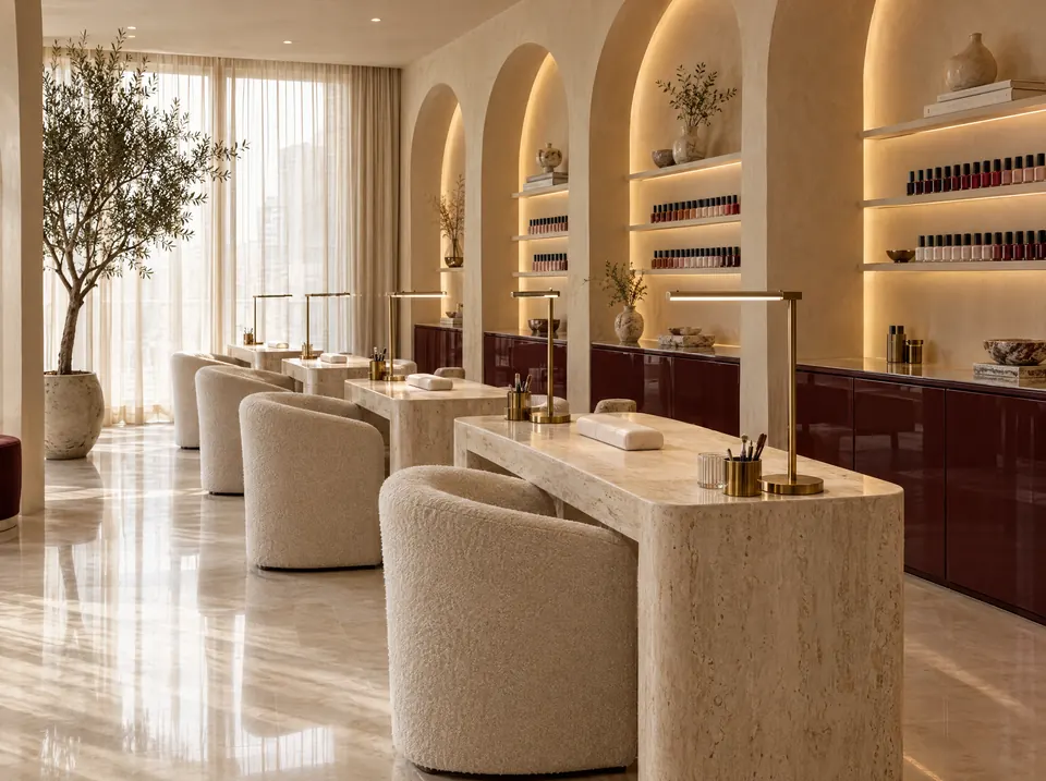 Manicure tables in travertine with brass lamps under arched alcoves