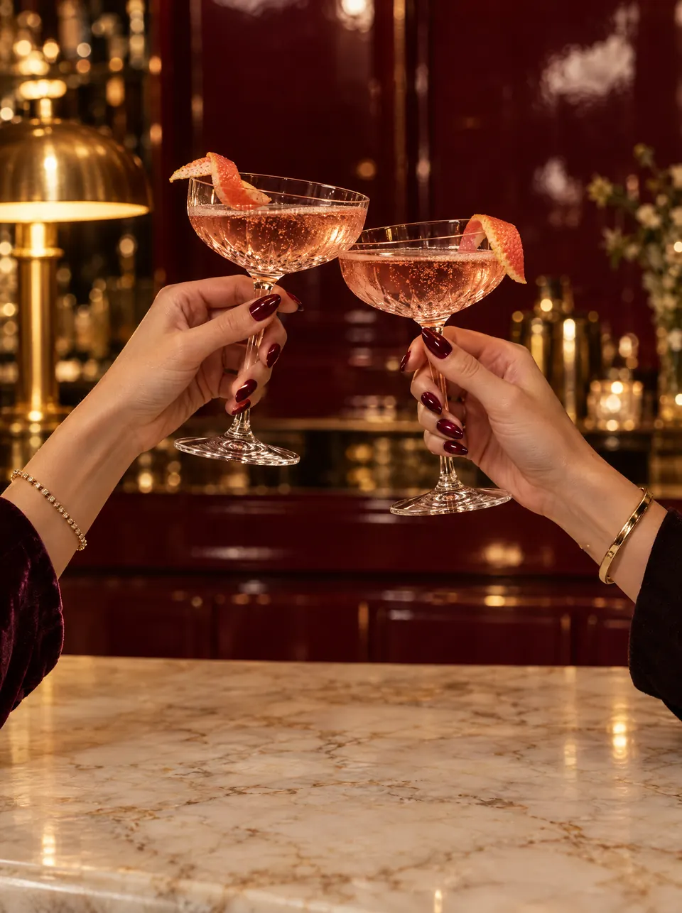 Two coupes of rosé spritz raised at the bar