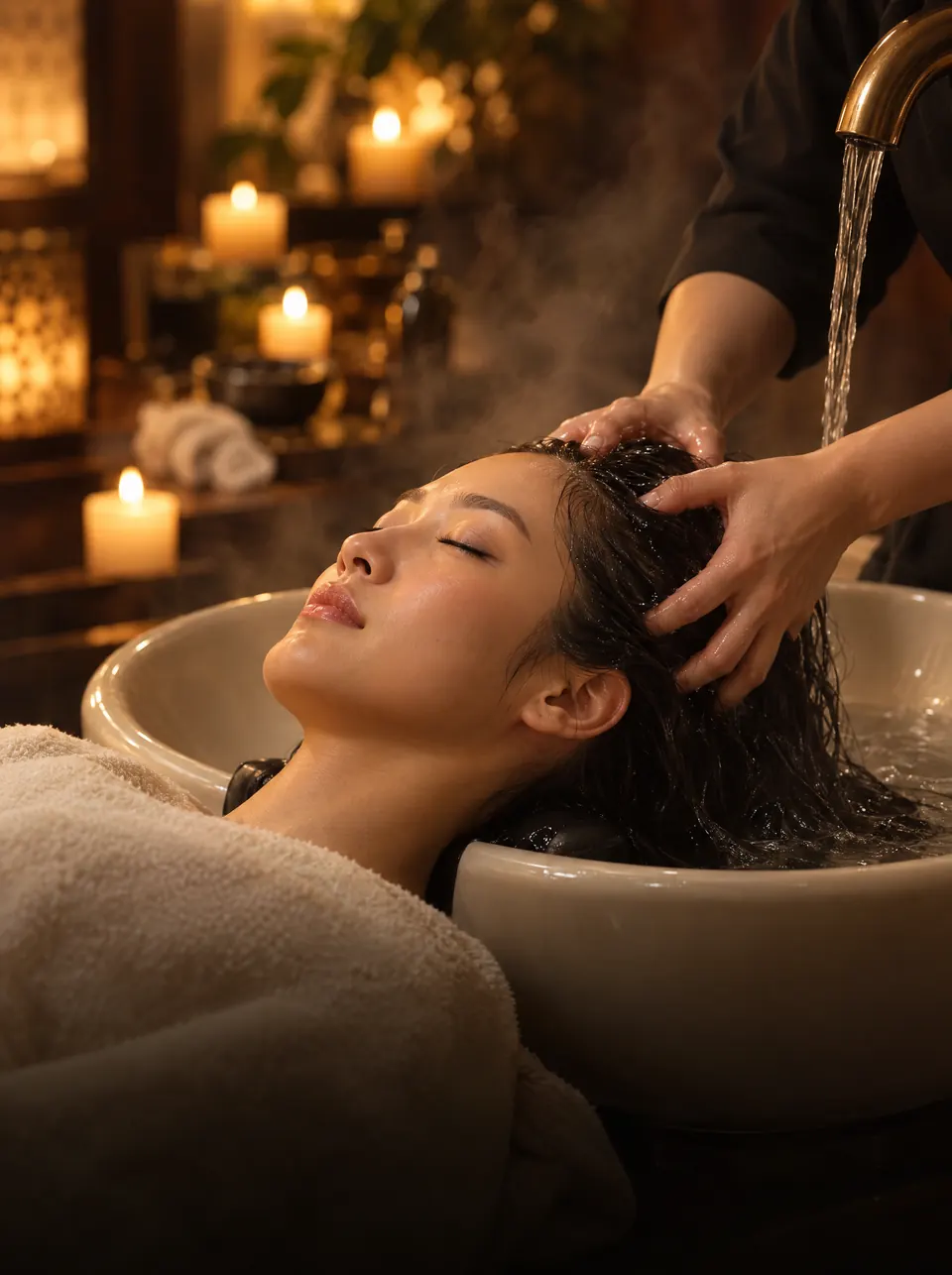 A guest resting at the head spa basin while her scalp is massaged under warm water