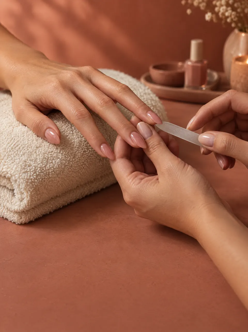 A manicurist shaping almond nails with a glass file on a folded towel