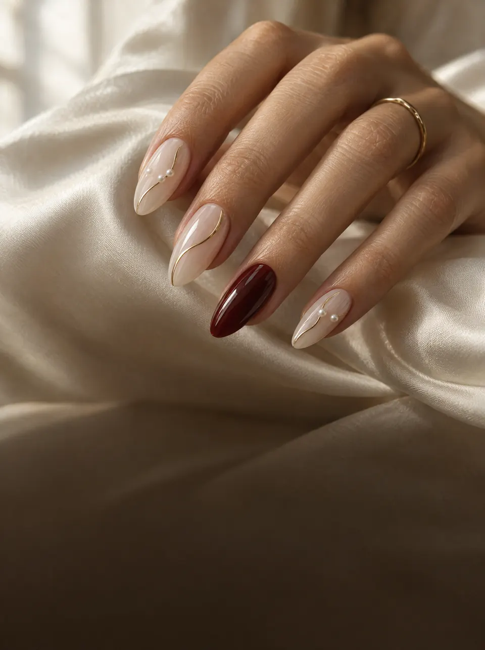 Almond nails in milky porcelain with champagne chrome lines and seed pearls, one in cherry lacquer
