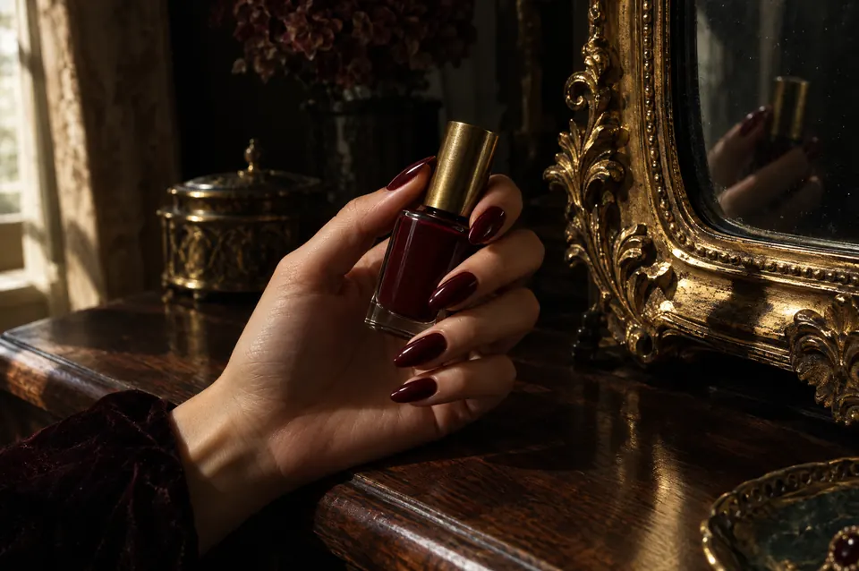 A hand with cherry lacquer holding a bottle of polish beside a gilded mirror